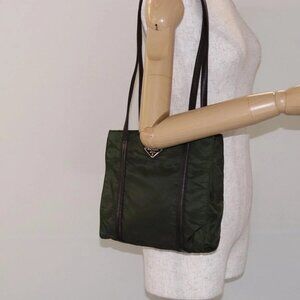 PRADA Shoulder Bag Nylon Leather Khaki Silver Auth